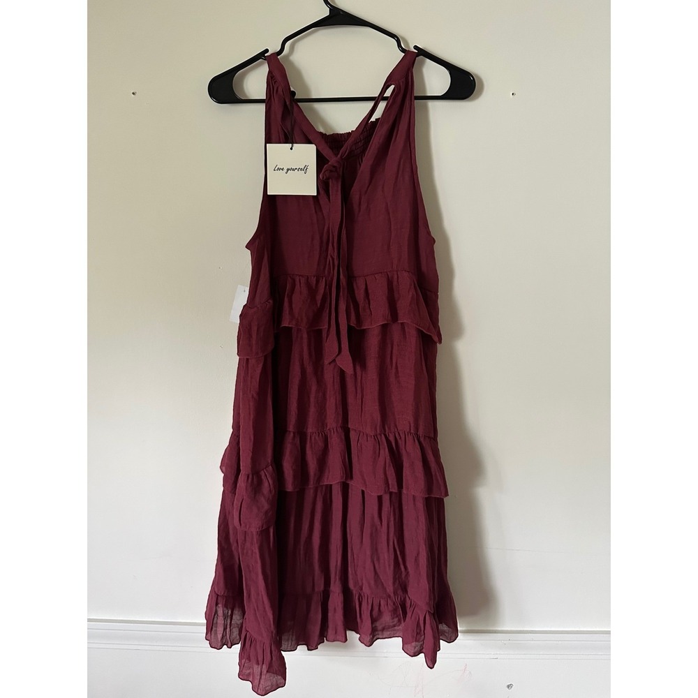 Grace + Karma Burgundy Tiered Ruffle Mini Dress Sleeveless Tie Back‎ size M NWT - Picture 3 of 5